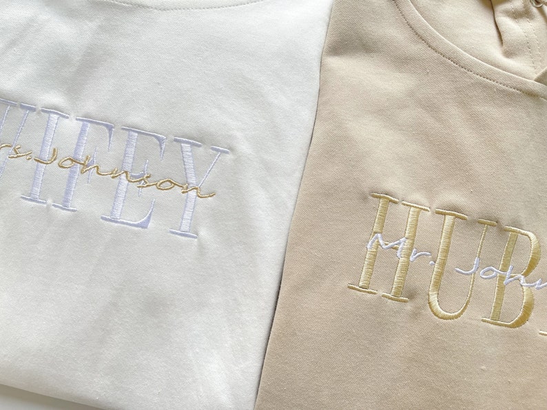 Custom Embroidered Anniversary Sweatshirt Hoodie, Embroidery Wifey Hubby Couple Hoodie, Beige Khaki Sweatshirt, Custom last name Sweatshirt zdjęcie 3