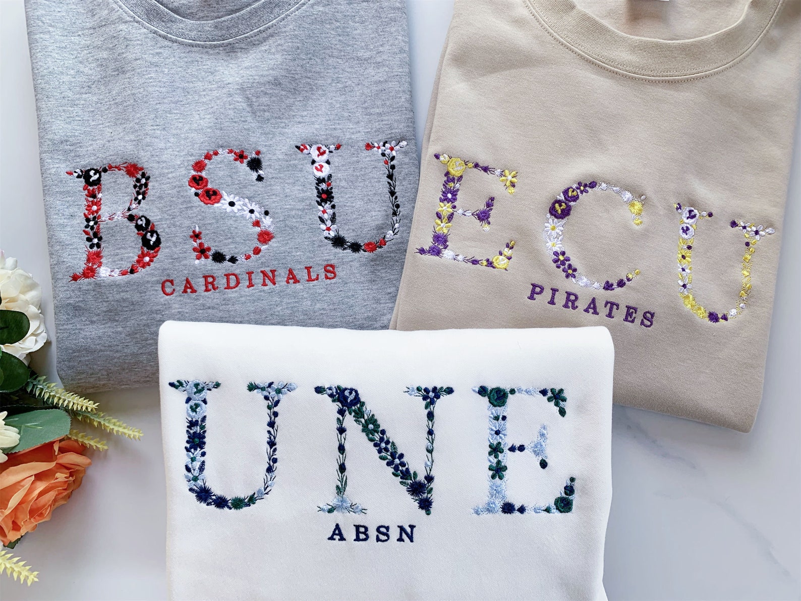 Embroidered Floral Letter University Sweatshirt Flower Letter Etsy