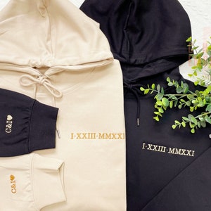 Custom Embroidered Roman Numeral Hoodie, Couple Shirt Initial On Sleeve, Anniversary Year, Personalized Date Hoodie,Anniversary Gifts