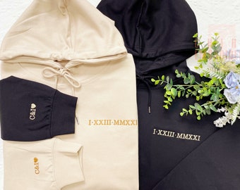 Custom Embroidered Roman Numeral Hoodie, Couple Shirt Initial On Sleeve, Anniversary Year, Personalized Date Hoodie,Anniversary Gifts