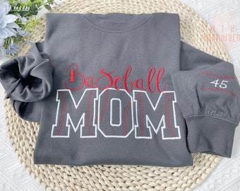 Custom Embroidered Baseball Mom Sweatshirt, Mom Sweatshirt with Team Number on Sleeve, Mothers Day Gift for Mom, Personalized Baseball Gifts