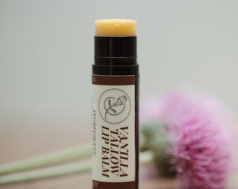 Bálsamo labial de vainilla y sebo, hidratación natural para labios secos y agrietados.