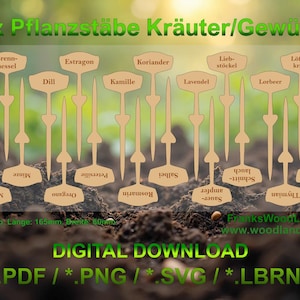 Op de afbeelding: Een set van 20 houten plantenlabels voor kruiden en specerijen. Elk label is gemarkeerd met een andere kruidennaam, waaronder basilicum, dille en oregano. De labels zijn ongeveer 16,5 cm lang en 6 cm breed. De tekst "DIGITALE DOWNLOAD" is ook inbegrepen.