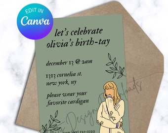 May include: A green invitation card with a white border. The card has a hand-drawn illustration of a person wearing a white cardigan with stars on it. The text on the card reads "let's celebrate olivia's birth-tay" and includes the date, time, and address of the event. The text also says "please wear your favorite cardigan".