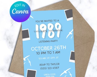 May include: A blue and white invitation for a listening party celebrating the 1989 version of Taylor's album. The invitation includes the date, time, and location of the party, as well as a dress code of 1989 era.