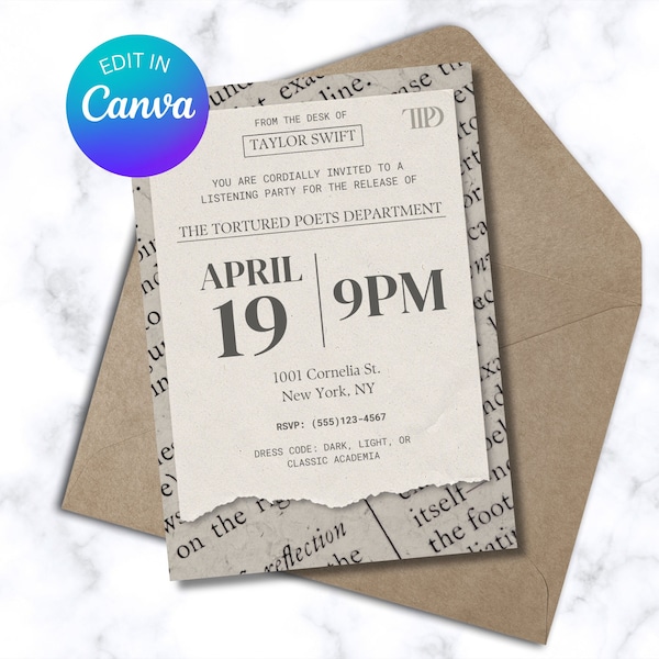Taylor Swift TTPD Release Party Invitation, The Tortured Poets Department, Printable TTPD Invitation, TTPD Party Invite