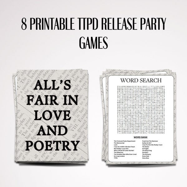 Taylor Swift TTPD Party Printable Games, Tortured Poets Party, Tortured Poets Department, TTPD Release Party, TTPD Party Games, Eras Party