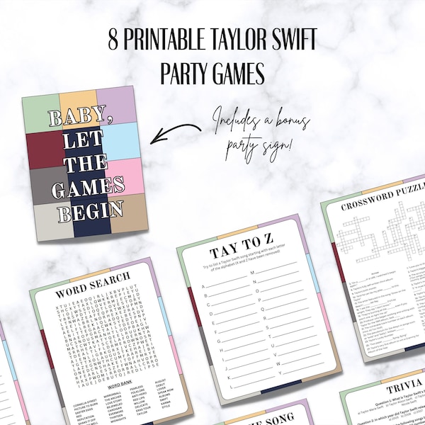 Taylor Swift Party Printable Games, Eras Party, Taylor Eras Tour, Taylor Swift Party Games, Eras Tour Party Games, Era Games, Swiftie Party