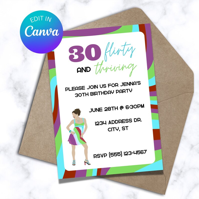 Op de afbeelding: Een kleurrijke verjaardagsuitnodiging met een gestileerde illustratie van een vrouw in een jurk. De uitnodiging luidt "30 flirty and thriving" en bevat de datum, tijd en locatie van het feest. RSVP-informatie is ook inbegrepen.