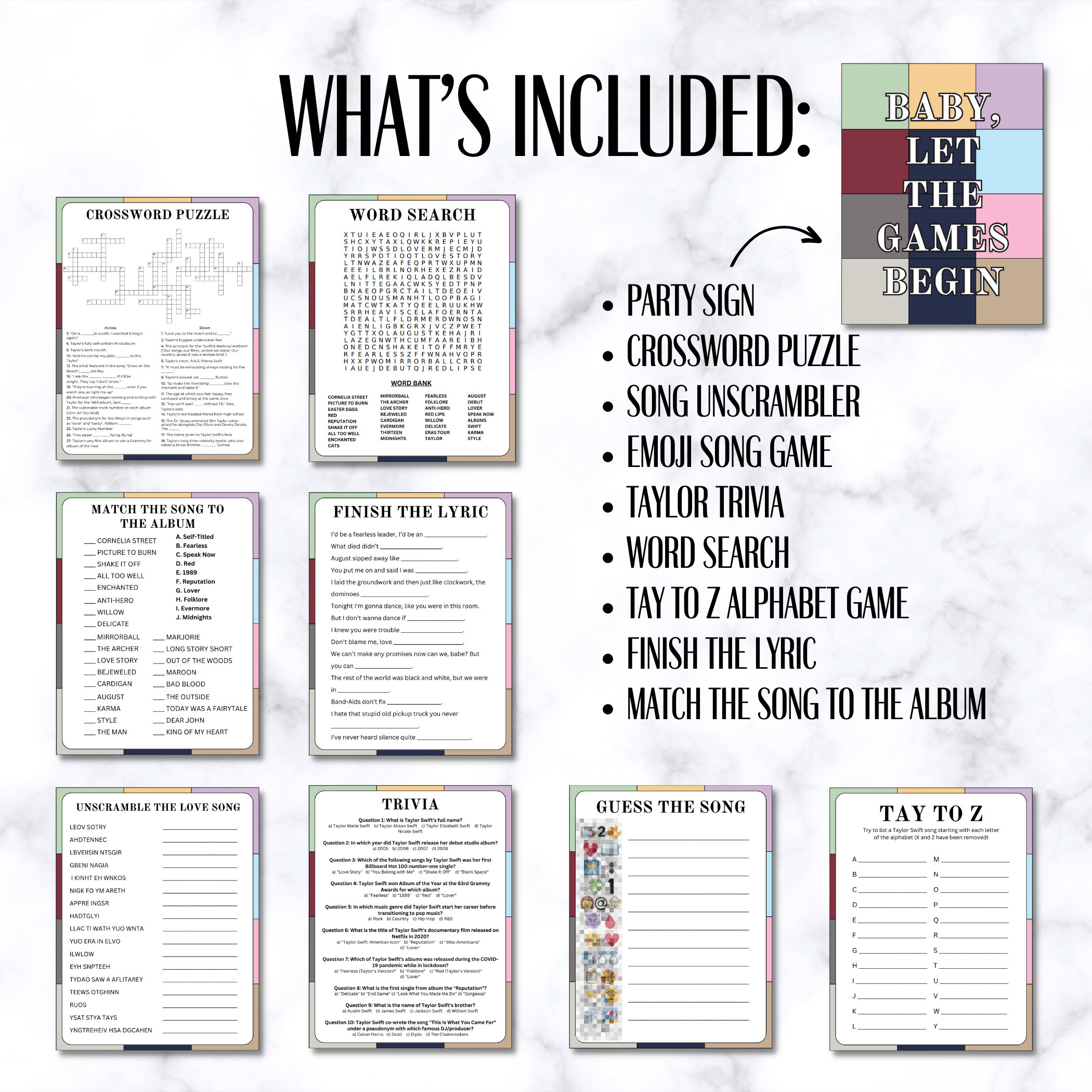 Taylor Swift Party Printable Games, Eras Party, Taylor Eras Tour, Taylor Swift Party Games, Eras