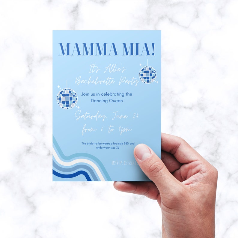 May include: A light blue invitation card with the text "MAMMA MIA!" and "It's Allie's Bachelorette Party". The card features disco ball graphics and wave designs in shades of blue. The invitation includes event details.