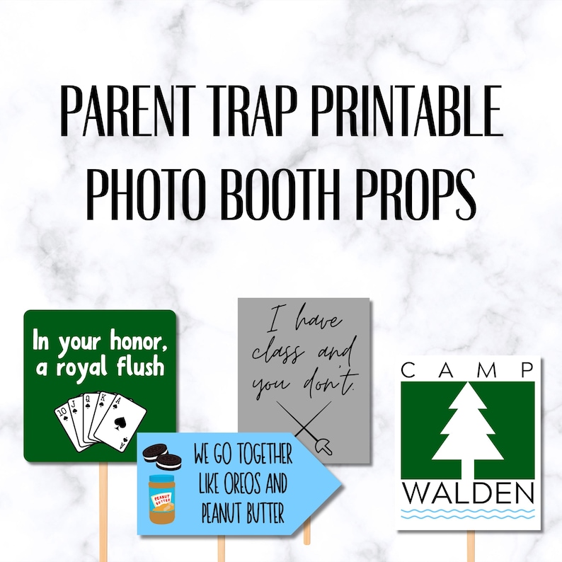 Puede incluir: Accesorios imprimibles para fotomat&oacute;n con el texto "Parent Trap Printable Photo Booth Props". Los accesorios incluyen letreros con frases como "In your honor, a royal flush" y "I have class and you don't."