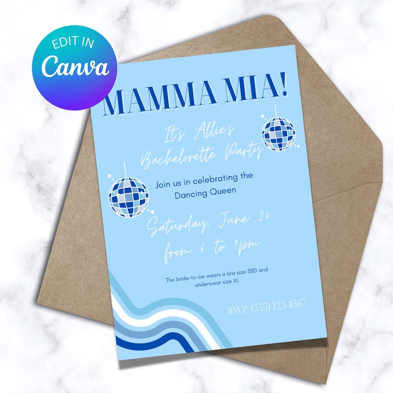 May include: A light blue invitation with the text "MAMMA MIA!" and "It's Allie's Bachelorette Party". The invitation includes disco ball graphics and event details. The invitation is inside a brown envelope.