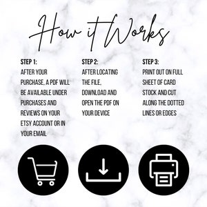 Puede incluir: Gr&aacute;fico con el texto "How it Works" e instrucciones para descargar e imprimir un PDF. Los pasos est&aacute;n numerados e incluyen iconos de un carrito de compras, una flecha de descarga y una impresora. El fondo tiene un patr&oacute;n de m&aacute;rmol.