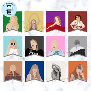 Könnte beinhalten: Ein Satz von zwölf wimpelförmigen digitalen Kunstdrucken mit stilisierten Illustrationen einer Sängerin. Jeder Wimpel hat einen anderen einfarbigen Hintergrund. Die Illustrationen zeigen die Sängerin in verschiedenen Posen und Outfits. In der oberen linken Ecke befindet sich ein blauer Kreis mit der Aufschrift "Download & Print".