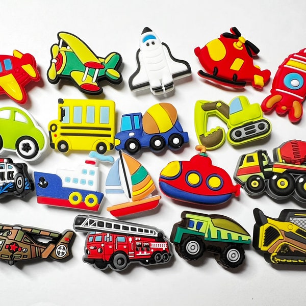 Cartoon Vehicle Transportation shoe charms schoolbus helicopter construction boat car excavator plane and more