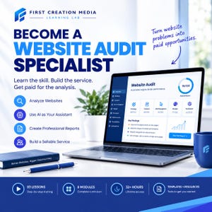 Puede incluir: Un portátil que muestra un panel de auditoría de sitios web con una puntuación de 76/100, rodeado por un cuaderno azul, un bolígrafo y una taza azul. El texto dice: First Creation Media, Become a Website Audit Specialist.