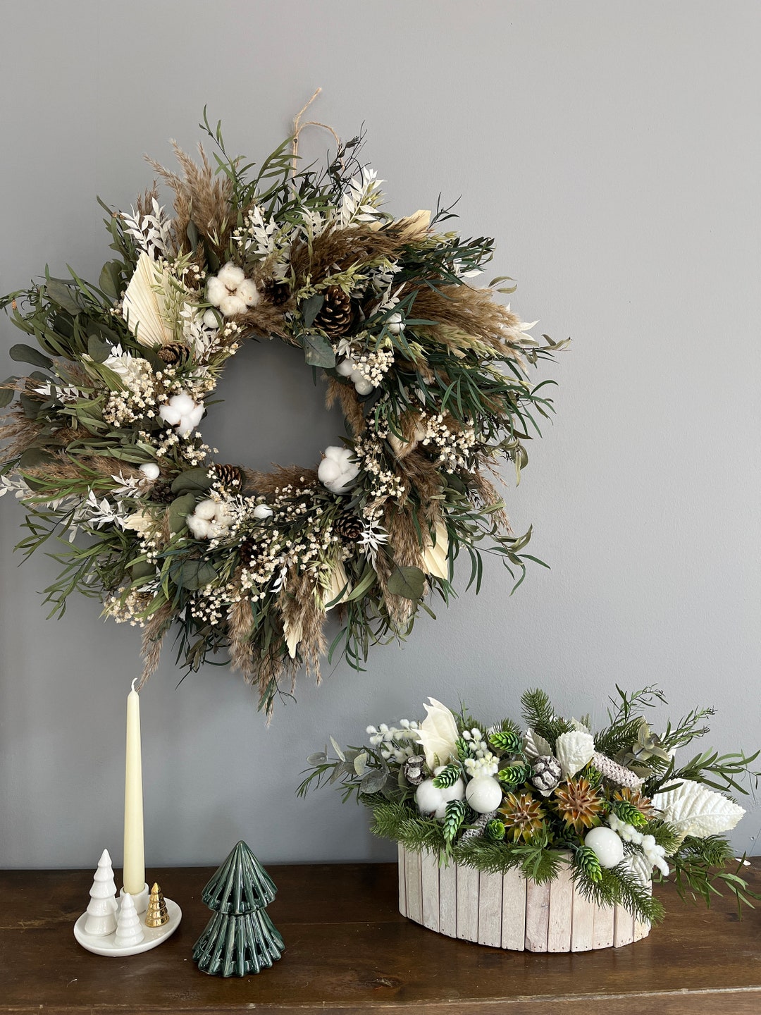 22 Inch White Eucalyptus Christmas Wreath | With Red Plaid Leaves & Ribbon, Winter Holiday Door Decor