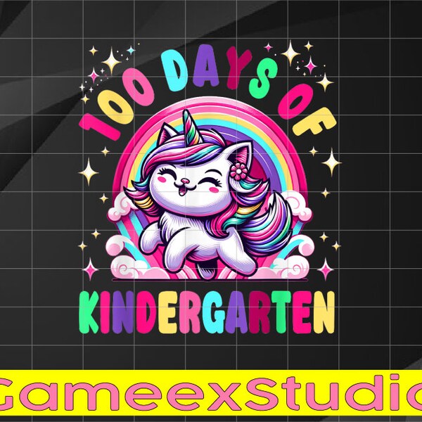 PNG ONLY 100 Days Of Kindergarten Magical Rainbow Caticorn Png, Kindergarten School Unicorn Png, Digital Download