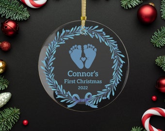 Personalized Baby's First Christmas Glass Ornament 2022 | Newborn Baby Boy Footprint Keepsake | Gift for New Parents Baby Christmas Present