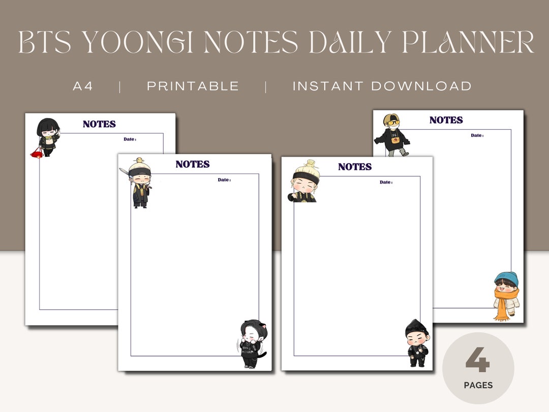 Daily Notes Bts Design BTS Yoongi Notes Daily Planner | BTS Stationary | Planner Bundle | A4 ...