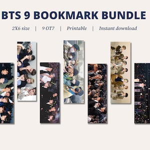 Puede incluir: Un paquete digital de 9 marcapáginas de BTS con varias imágenes fotográficas del grupo musical. El texto en la parte superior dice BTS 9 BOOKMARK BUNDLE, 2X6 size, 9 OT7, Printable e Instant download. Los marcapáginas muestran a los miembros.