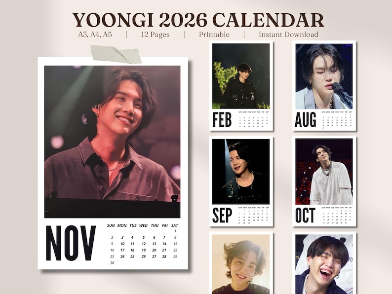 Yoongi Calendar 2026 A3 A4 A5 PDF BTS Digital Calendar Desk Il Ei3d 
