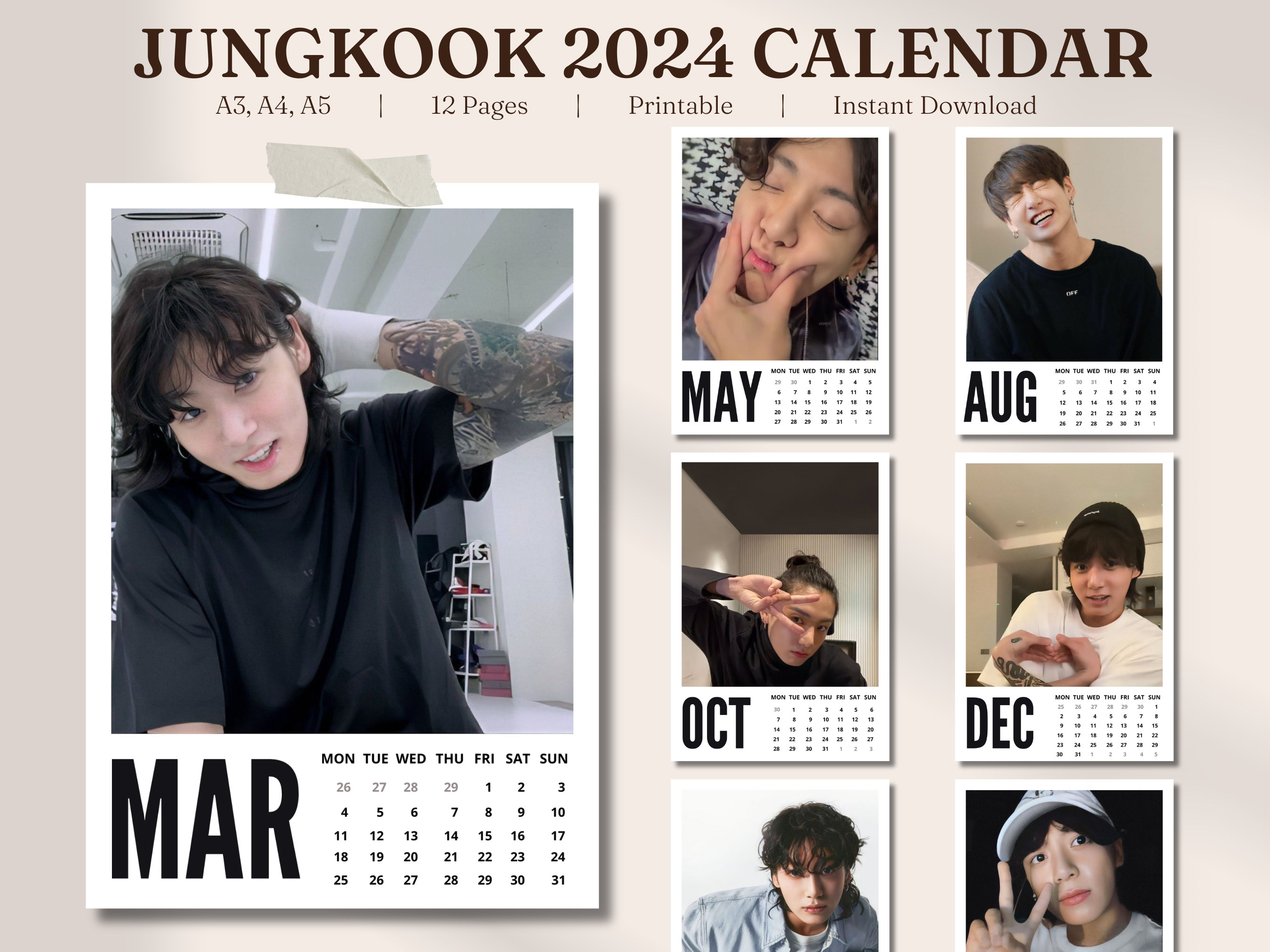 Jungkook Calendar 2024 A3, A4, A5 PDF BTS Digital Calendar Desk and