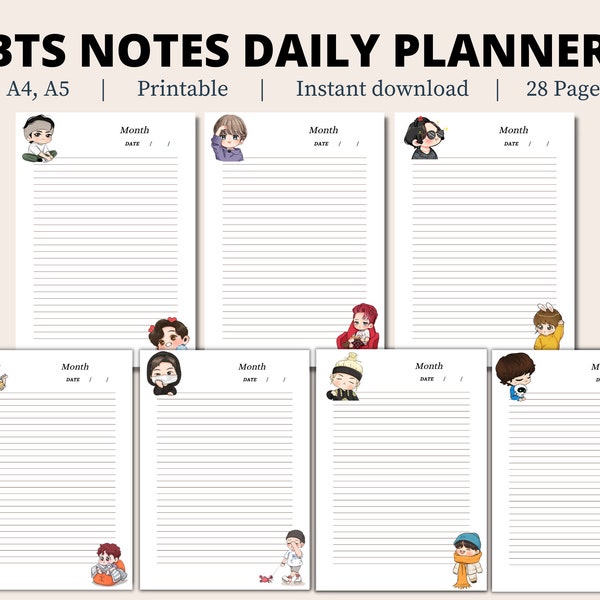 BTS Notes Daily Planner | BTS Stationary | Planner bundle | A3, A4, A5 | 28 Pages | Printable | Instant Download