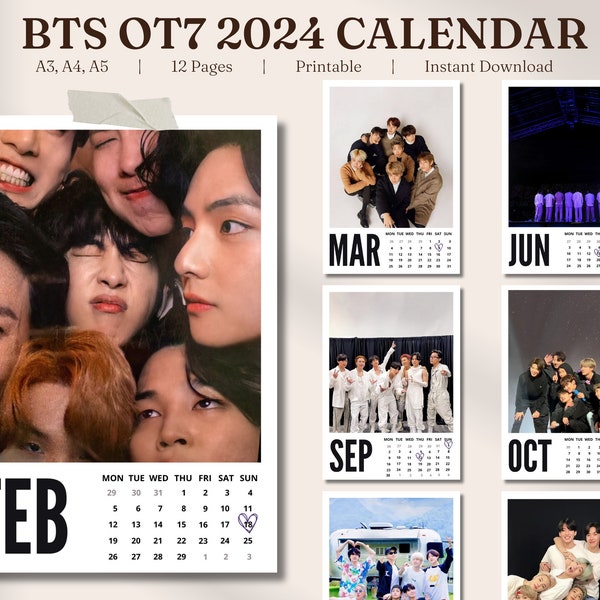 BTS OT7 Calendar 2024 | A3, A4, A5 | PDF | BTS Digital Calendar | Desk and Wall Calendar | Printable | Instant Download