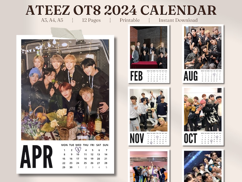 Ateez OT8 Calendar 2024 A3, A4, A5 PDF Ateez Digital Calendar Desk and