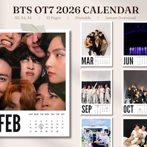 Bangtan OT7 Calendar 2026 | A3, A4, A5 | PDF | Bangtan Digital Calendar | Desk and Wall Calendar | Printable | Instant Download