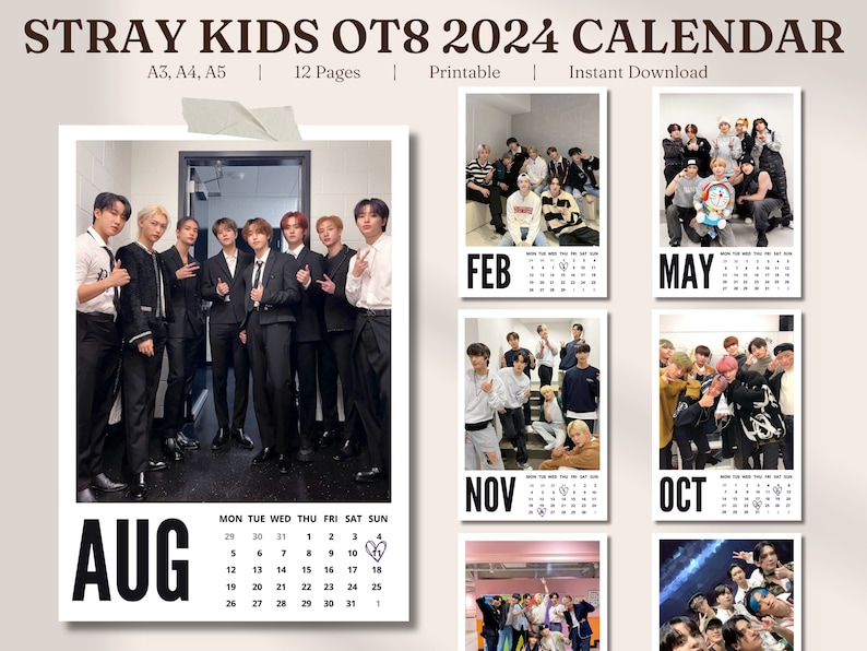 Stray Kids OT8 Calendar 2024 A3, A4, A5 PDF SKZ Digital Calendar Desk