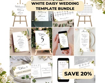 White daisy WEDDING TEMPLATE BUNDLE - instant digital download, wedding stationery template, printable + editable template