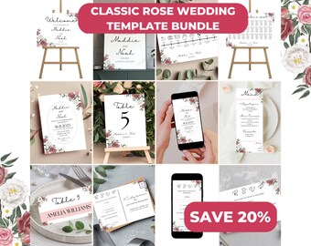 Classic rose WEDDING TEMPLATE BUNDLE - instant digital download, wedding stationery template, printable + editable template