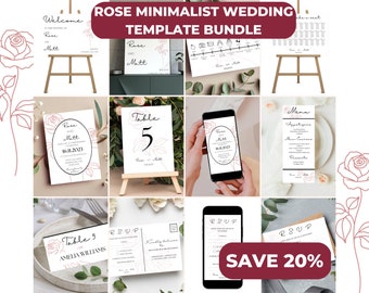 Rose minimalist WEDDING TEMPLATE BUNDLE - instant digital download, wedding stationery template, printable + editable template