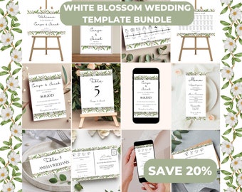 White blossom WEDDING TEMPLATE BUNDLE - instant digital download, wedding stationery template, printable + editable template