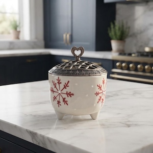 Azucarero de cerámica hecho a mano, bombonera con forma de copo de nieve rojo, tapa de metal, tarro con pie (decoración de invierno)