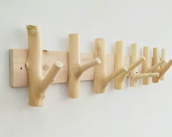 Gancho de pared de rama de madera natural, juego de ganchos hechos a mano, ganchos para abrigo y llavero