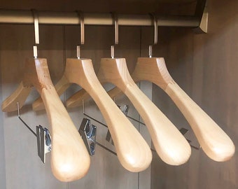 Beech Wood Coat Hangers ,Handcrafted Non-Slip Wooden Clothes Hangers with Trouser Clips, Wardrobe Organizers for Shirts and Coats