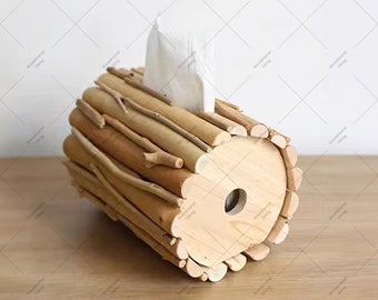 Handcrafted Natural Wood Tissue Box, Chic Wooden Stick Tissue Box, Rustic Home Decor, Charming Artisan Tissue Box, Unique Gifts