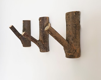 Handcrafted Natural Wood Wall Hooks with Bark, Rustic Branch Coat Hooks for Entryway, 1.58-inch