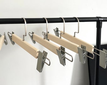 Natural Rubber Wood Pants Hanger with Metal Clips, Multi-Purpose Trouser Hangers with Adjustable Swivel Hook, Handcrafted Durable Hanger