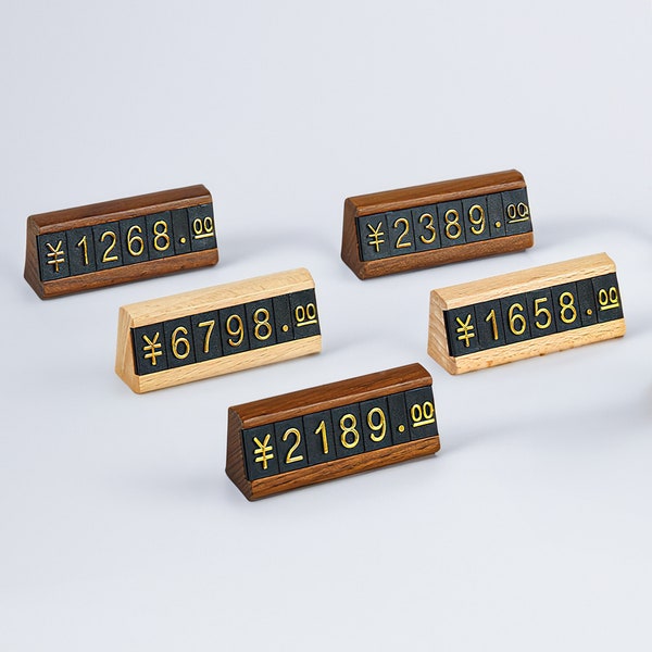 Walnut/Beech Wood Price Tag Stands, Retail Display Numbers Price Display Cube, Adjustable Removable Display with White or Gold Number Tiles