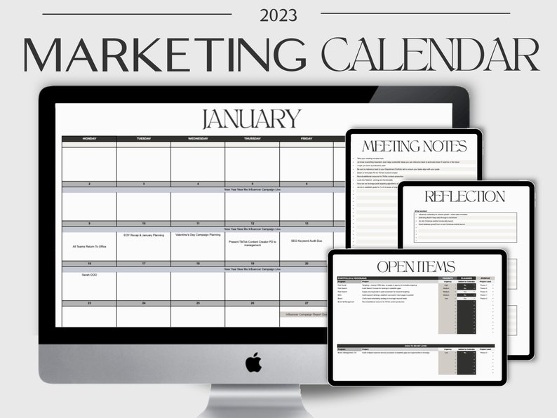 Over a warm grey background the heading reads: 2023 Marketing Calendar. Beneath is a mock up of an apple iMac with a January calendar in the screen. Beside are 3 iPads each with sections from the product within:  Meeting Notes, Reflection, Open Items