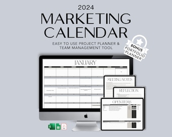 Szablon kalendarza marketingowego na rok 2024, Planer marketingowy, Kalendarz cyfrowy Google Sheets Excel, Narzędzie do tworzenia miesięcznych szablonów marketingowych, Arkusz kalkulacyjny