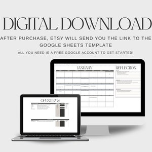 Heading reads: Digital Download - after purchase, Etsy will send you the link to the Google Sheets template - all you need is a free Google account to get started! Beneath is a mock up of the spreadsheet in a Macbook and an iMac