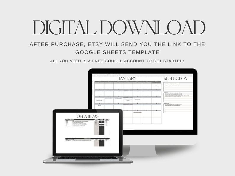 Heading reads: Digital Download - after purchase, Etsy will send you the link to the Google Sheets template - all you need is a free Google account to get started! Beneath is a mock up of the spreadsheet in a Macbook and an iMac