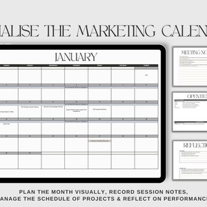 Heading reads: Visualise The Marketing Calendar. An example of the January calendar is visible in an iPad. Three small boxes to the right show the excerpts of the tab. Text reads: plan visually, record notes, manage projects & reflect on performance