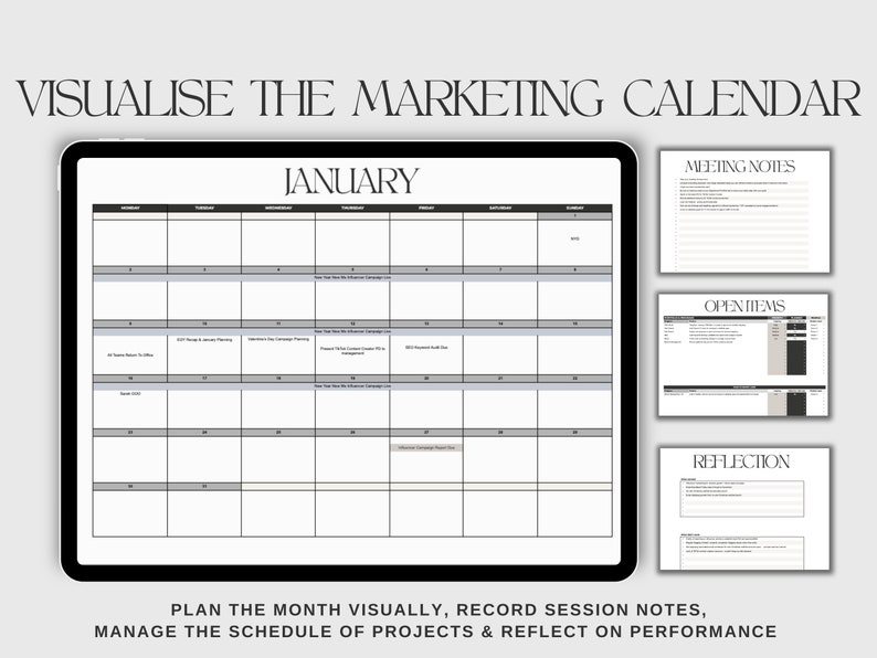 Heading reads: Visualise The Marketing Calendar. An example of the January calendar is visible in an iPad. Three small boxes to the right show the excerpts of the tab. Text reads: plan visually, record notes, manage projects & reflect on performance